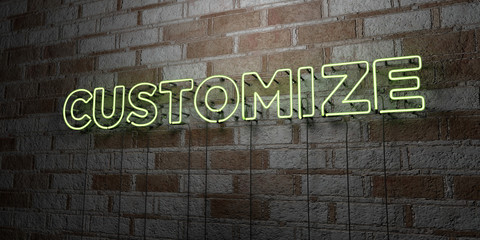 CUSTOMIZE - Glowing Neon Sign on stonework wall - 3D rendered royalty free stock illustration.  Can be used for online banner ads and direct mailers..