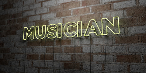MUSICIAN - Glowing Neon Sign on stonework wall - 3D rendered royalty free stock illustration.  Can be used for online banner ads and direct mailers..