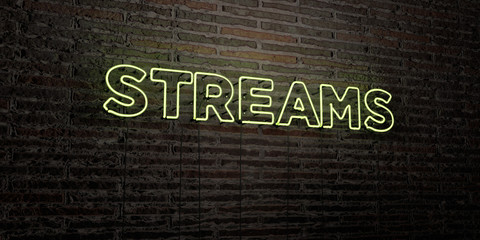 STREAMS -Realistic Neon Sign on Brick Wall background - 3D rendered royalty free stock image. Can be used for online banner ads and direct mailers..