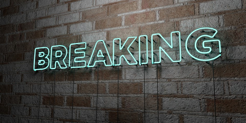 BREAKING - Glowing Neon Sign on stonework wall - 3D rendered royalty free stock illustration.  Can be used for online banner ads and direct mailers..