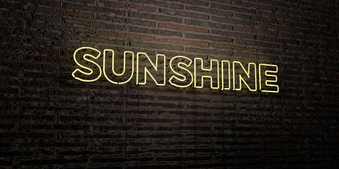 SUNSHINE -Realistic Neon Sign on Brick Wall background - 3D rendered royalty free stock image. Can be used for online banner ads and direct mailers..