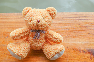 Brown teddy bear sitting on the wooden floor