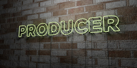 PRODUCER - Glowing Neon Sign on stonework wall - 3D rendered royalty free stock illustration.  Can be used for online banner ads and direct mailers..