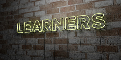 LEARNERS - Glowing Neon Sign on stonework wall - 3D rendered royalty free stock illustration.  Can be used for online banner ads and direct mailers..