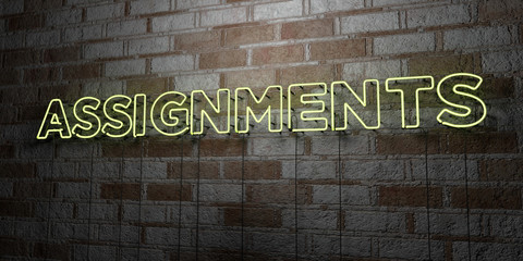 Fototapeta na wymiar ASSIGNMENTS - Glowing Neon Sign on stonework wall - 3D rendered royalty free stock illustration. Can be used for online banner ads and direct mailers..