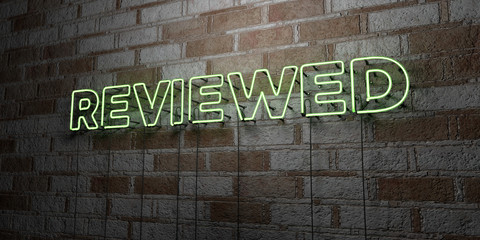 REVIEWED - Glowing Neon Sign on stonework wall - 3D rendered royalty free stock illustration.  Can be used for online banner ads and direct mailers..
