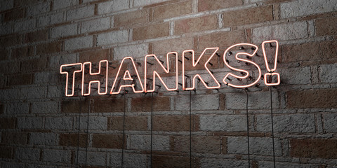 THANKS! - Glowing Neon Sign on stonework wall - 3D rendered royalty free stock illustration.  Can be used for online banner ads and direct mailers..