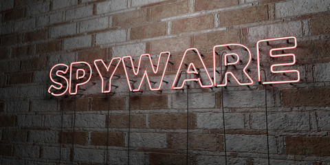 SPYWARE - Glowing Neon Sign on stonework wall - 3D rendered royalty free stock illustration.  Can be used for online banner ads and direct mailers..