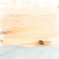 Fototapeta premium Christmas pine wooden background with snowfall and snowdrift. View with copy space