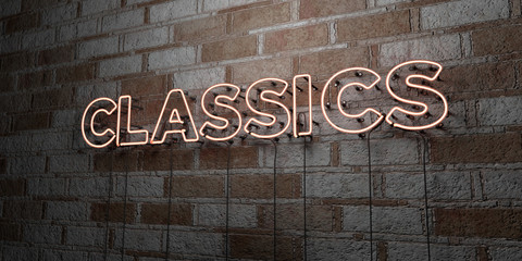 CLASSICS - Glowing Neon Sign on stonework wall - 3D rendered royalty free stock illustration.  Can be used for online banner ads and direct mailers..