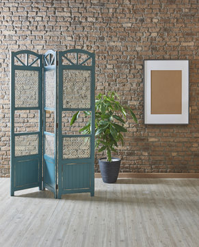 flowers, paravane and frame with brick wall concept