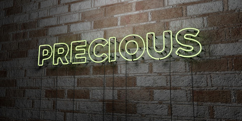 PRECIOUS - Glowing Neon Sign on stonework wall - 3D rendered royalty free stock illustration.  Can be used for online banner ads and direct mailers..