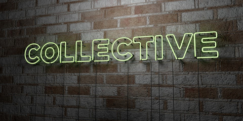 COLLECTIVE - Glowing Neon Sign on stonework wall - 3D rendered royalty free stock illustration.  Can be used for online banner ads and direct mailers..