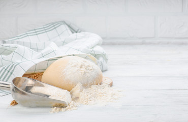 Ball of raw dough isolated on white wooden table with ears wheat and napkin. Copy space. Package.