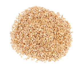 Pile of oats isolated on white background. Healthy food. Close up, top view, high resolution product