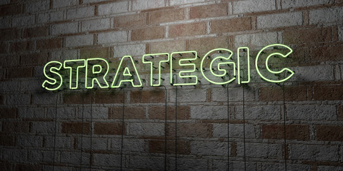 STRATEGIC - Glowing Neon Sign on stonework wall - 3D rendered royalty free stock illustration.  Can be used for online banner ads and direct mailers..