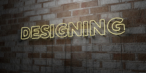 DESIGNING - Glowing Neon Sign on stonework wall - 3D rendered royalty free stock illustration.  Can be used for online banner ads and direct mailers..