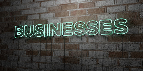 BUSINESSES - Glowing Neon Sign on stonework wall - 3D rendered royalty free stock illustration.  Can be used for online banner ads and direct mailers..