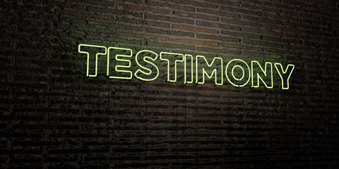 TESTIMONY -Realistic Neon Sign on Brick Wall background - 3D rendered royalty free stock image. Can be used for online banner ads and direct mailers..