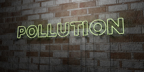POLLUTION - Glowing Neon Sign on stonework wall - 3D rendered royalty free stock illustration.  Can be used for online banner ads and direct mailers..