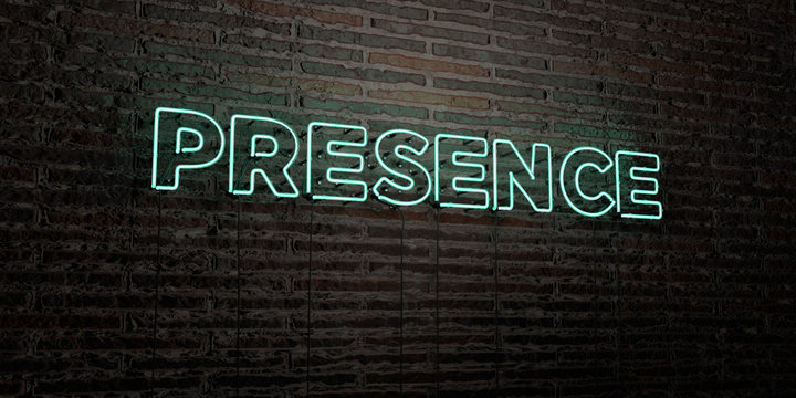 PRESENCE -Realistic Neon Sign on Brick Wall background - 3D rendered royalty free stock image. Can be used for online banner ads and direct mailers..