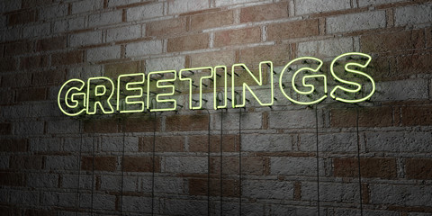 GREETINGS - Glowing Neon Sign on stonework wall - 3D rendered royalty free stock illustration.  Can be used for online banner ads and direct mailers..