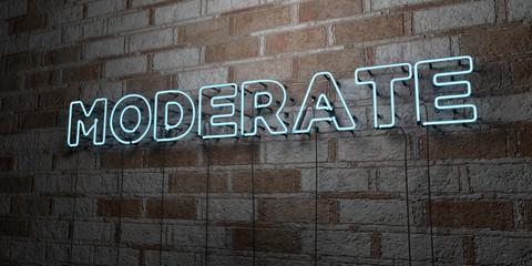 MODERATE - Glowing Neon Sign on stonework wall - 3D rendered royalty free stock illustration.  Can be used for online banner ads and direct mailers..