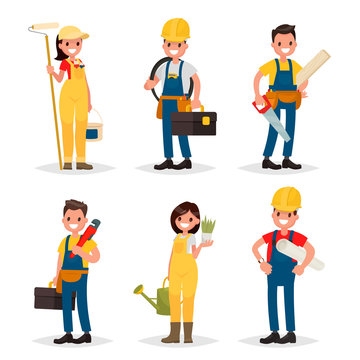 Set of of working professions. Painter, electrician, carpenter,
