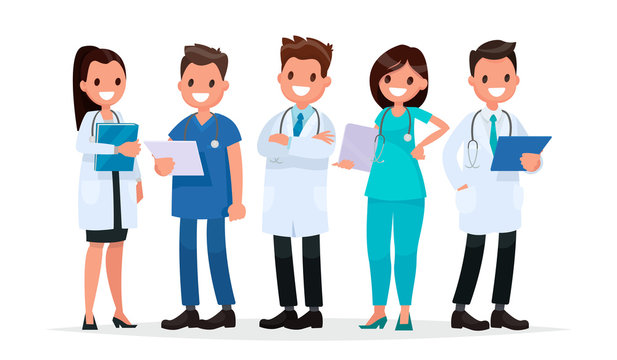 Team doctors on a white background. Vector illustration in a fla