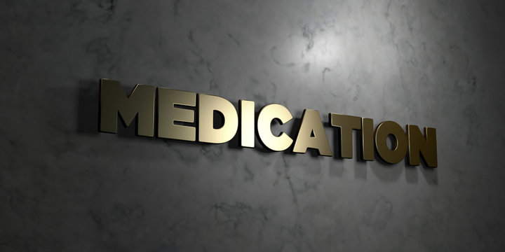 Medication - Gold text on black background - 3D rendered royalty free stock picture. This image can be used for an online website banner ad or a print postcard.