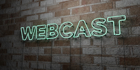 WEBCAST - Glowing Neon Sign on stonework wall - 3D rendered royalty free stock illustration.  Can be used for online banner ads and direct mailers..