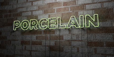 PORCELAIN - Glowing Neon Sign on stonework wall - 3D rendered royalty free stock illustration.  Can be used for online banner ads and direct mailers..