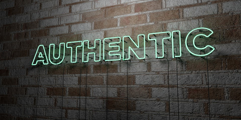 AUTHENTIC - Glowing Neon Sign on stonework wall - 3D rendered royalty free stock illustration.  Can be used for online banner ads and direct mailers.. - obrazy, fototapety, plakaty