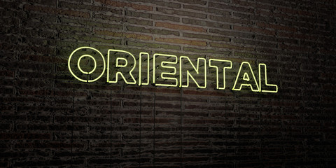 ORIENTAL -Realistic Neon Sign on Brick Wall background - 3D rendered royalty free stock image. Can be used for online banner ads and direct mailers..