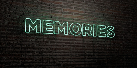 MEMORIES -Realistic Neon Sign on Brick Wall background - 3D rendered royalty free stock image. Can be used for online banner ads and direct mailers..