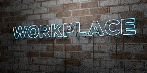 WORKPLACE - Glowing Neon Sign on stonework wall - 3D rendered royalty free stock illustration.  Can be used for online banner ads and direct mailers..