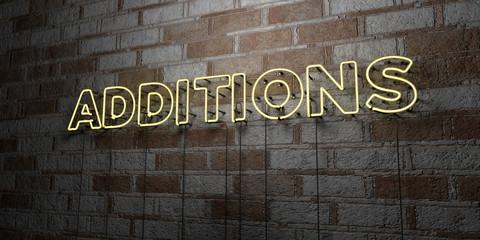 ADDITIONS - Glowing Neon Sign on stonework wall - 3D rendered royalty free stock illustration.  Can be used for online banner ads and direct mailers..