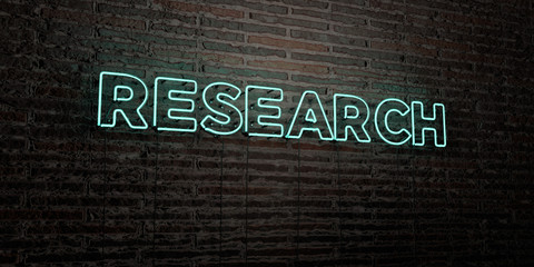 RESEARCH -Realistic Neon Sign on Brick Wall background - 3D rendered royalty free stock image. Can be used for online banner ads and direct mailers..