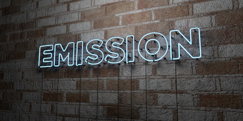 EMISSION - Glowing Neon Sign on stonework wall - 3D rendered royalty free stock illustration.  Can be used for online banner ads and direct mailers..