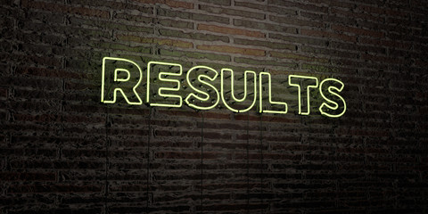 RESULTS -Realistic Neon Sign on Brick Wall background - 3D rendered royalty free stock image. Can be used for online banner ads and direct mailers..