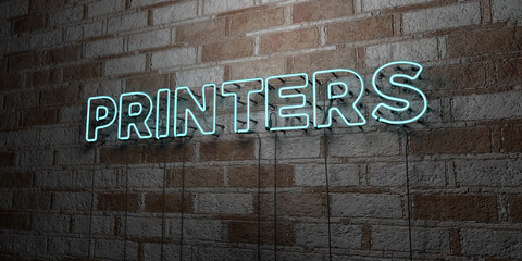 PRINTERS - Glowing Neon Sign on stonework wall - 3D rendered royalty free stock illustration.  Can be used for online banner ads and direct mailers..