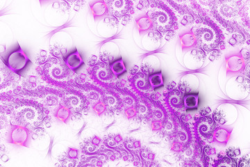 Abstract intricate swirly ornament on white background.Fantasy fractal design in bright pink and purple colors.