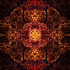 Abstract flower mandala on black background. Symmetrical pattern in orange and brown colors. Fantasy fractal design for postcards, wallpapers or clothes.