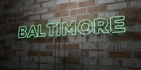 BALTIMORE - Glowing Neon Sign on stonework wall - 3D rendered royalty free stock illustration.  Can be used for online banner ads and direct mailers..