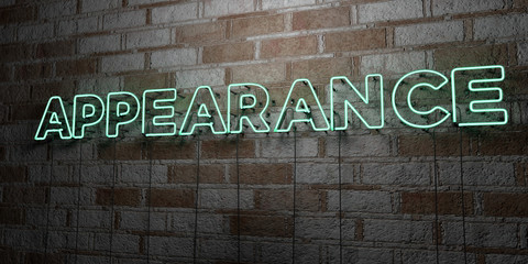 APPEARANCE - Glowing Neon Sign on stonework wall - 3D rendered royalty free stock illustration.  Can be used for online banner ads and direct mailers..