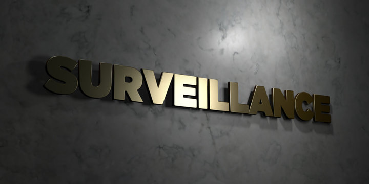 Surveillance - Gold text on black background - 3D rendered royalty free stock picture. This image can be used for an online website banner ad or a print postcard.
