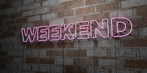 WEEKEND - Glowing Neon Sign on stonework wall - 3D rendered royalty free stock illustration.  Can be used for online banner ads and direct mailers..