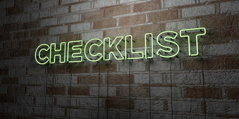 CHECKLIST - Glowing Neon Sign on stonework wall - 3D rendered royalty free stock illustration.  Can be used for online banner ads and direct mailers..