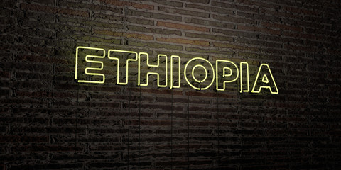 ETHIOPIA -Realistic Neon Sign on Brick Wall background - 3D rendered royalty free stock image. Can be used for online banner ads and direct mailers..