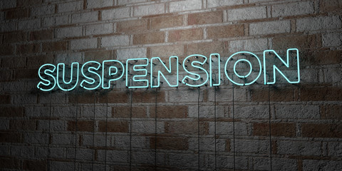 SUSPENSION - Glowing Neon Sign on stonework wall - 3D rendered royalty free stock illustration.  Can be used for online banner ads and direct mailers..